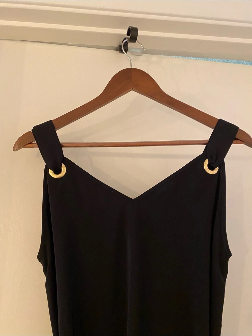 Michael Kors Black V-Neck Mini Dress with Gold Ring Straps